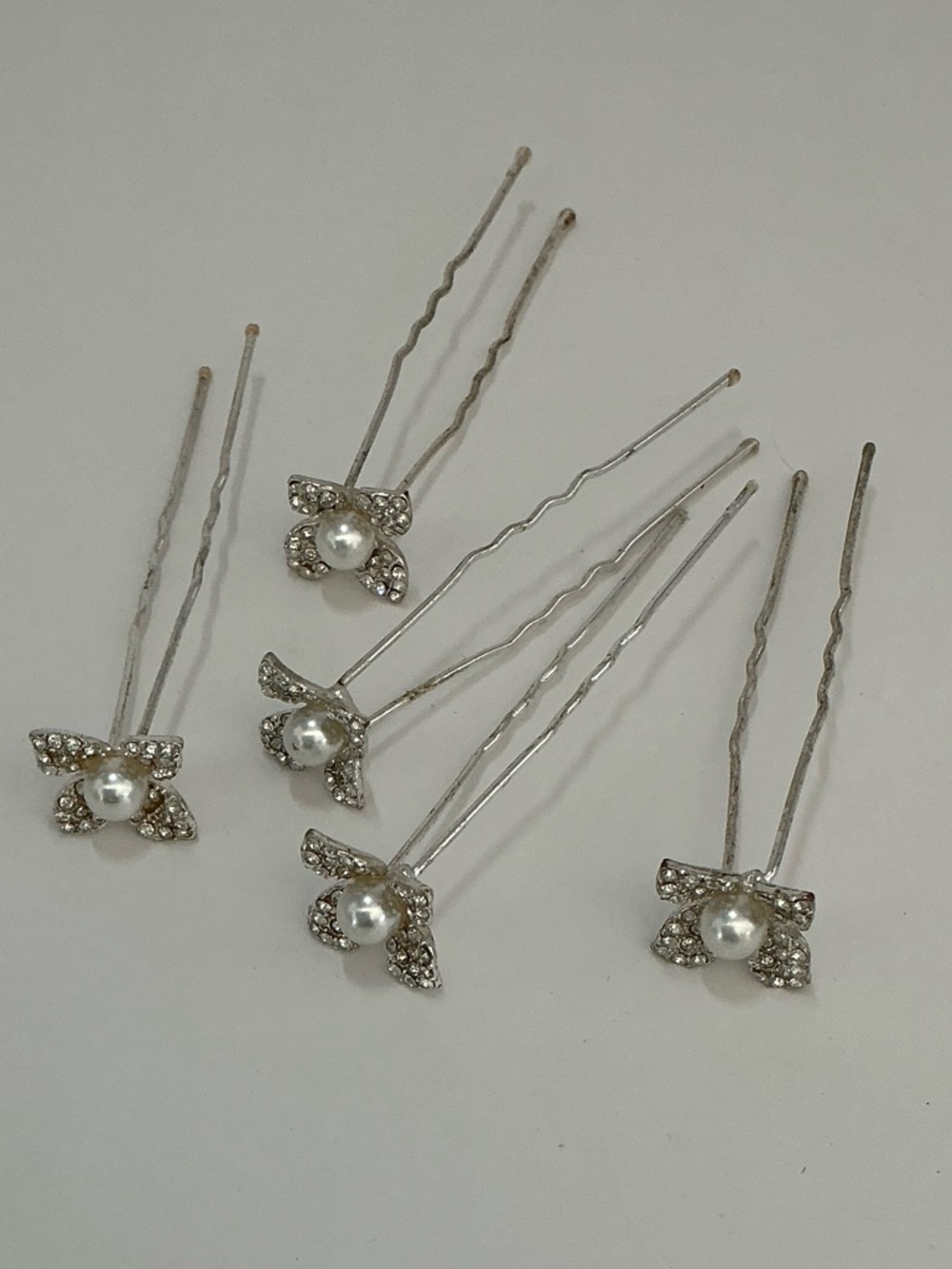 Pearl & Crystal Flower Hair Pins - Silver Set of 5